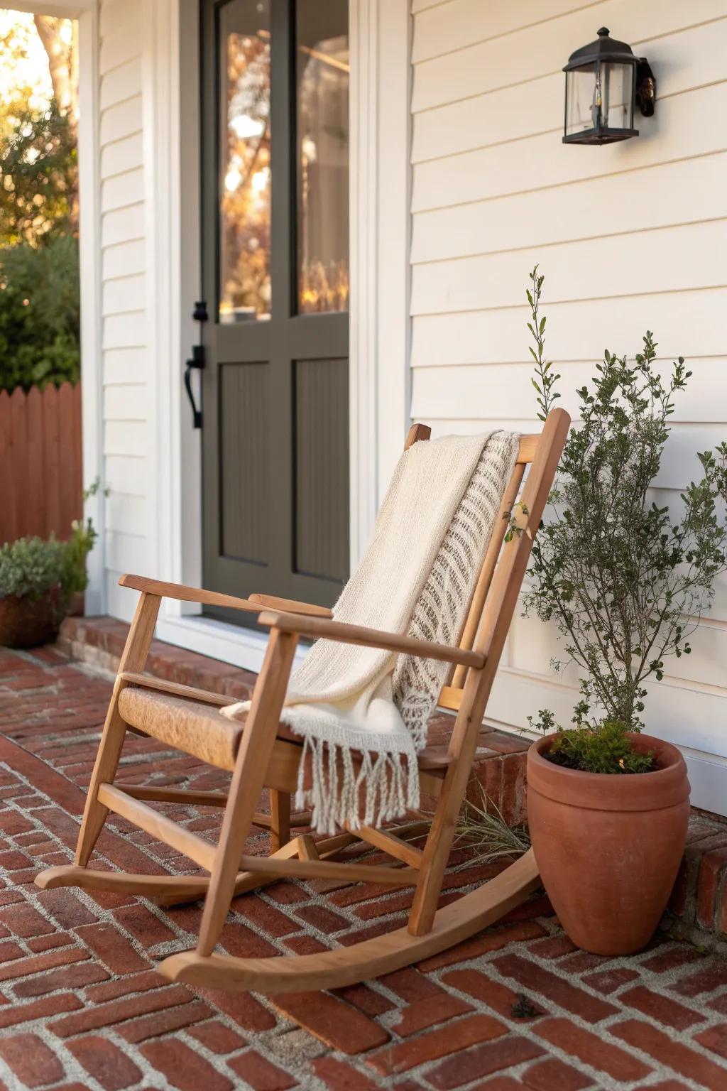 One timeless rocking chair on a brick porch keeps the entry airy, cozy, and effortlessly chic.