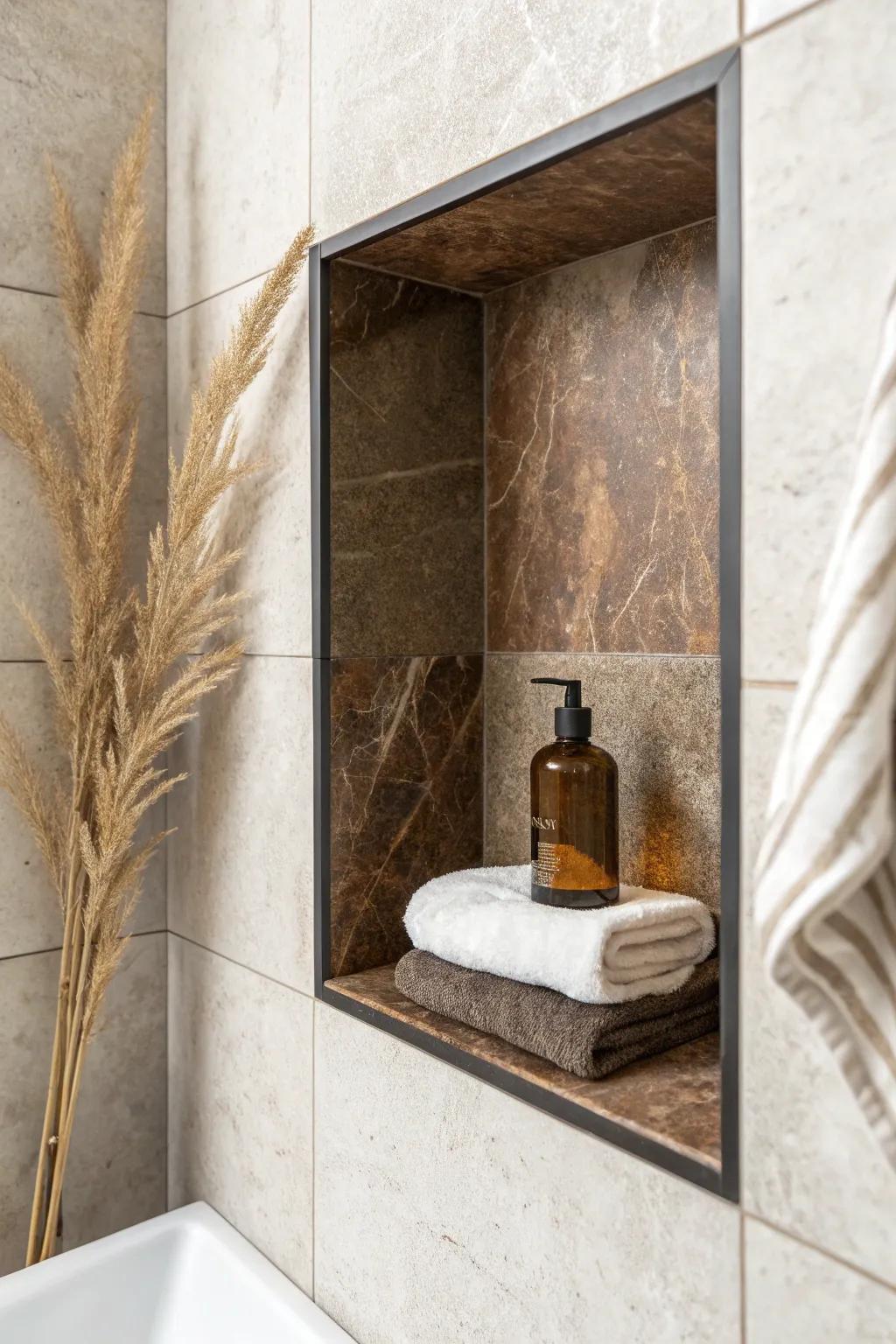 Brown stone-look tile turns a tiny shower into a boutique-hotel moment—warm, minimal, luxe.