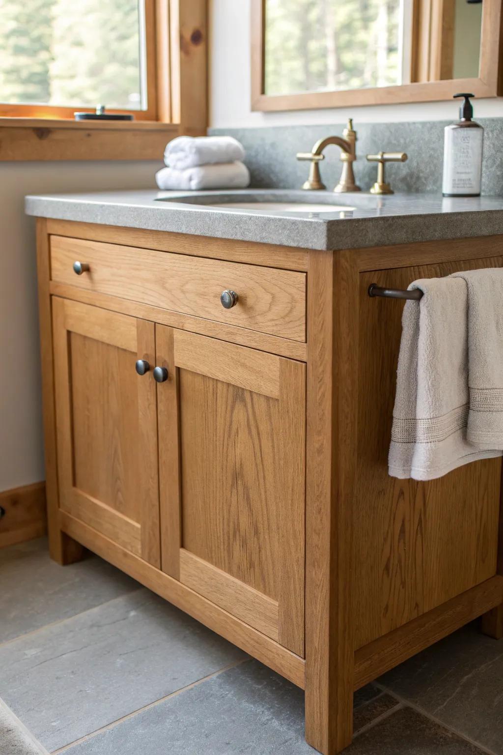 Warm oak meets cool stone—an easy small-cabin bathroom upgrade with rugged contrast.