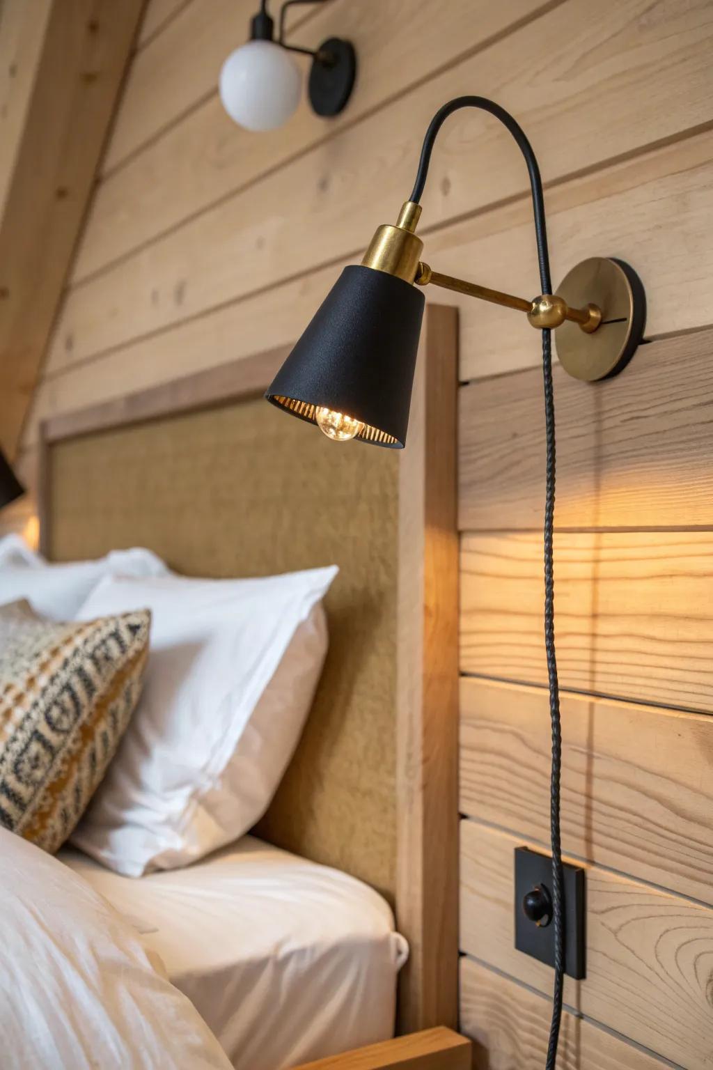 A personal bunk reading light adds cozy cabin privacy—minimal, warm, and beautifully crafted.