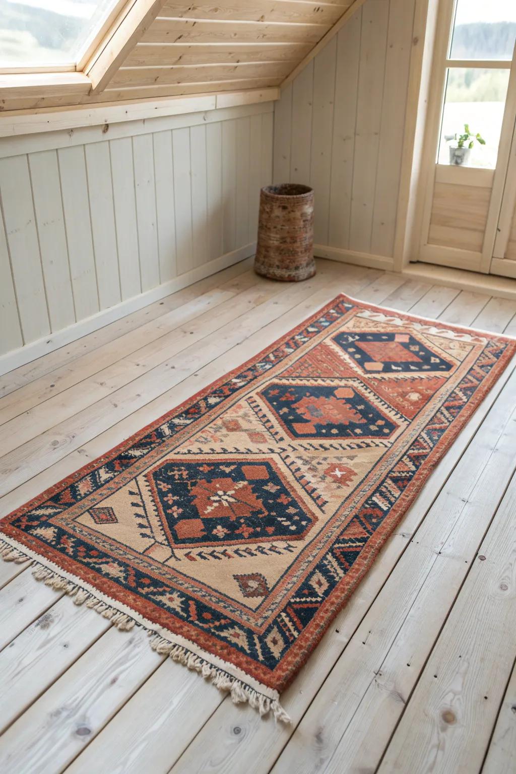 A vintage-style rug instantly grounds a small cabin and adds cozy, lived-in charm.