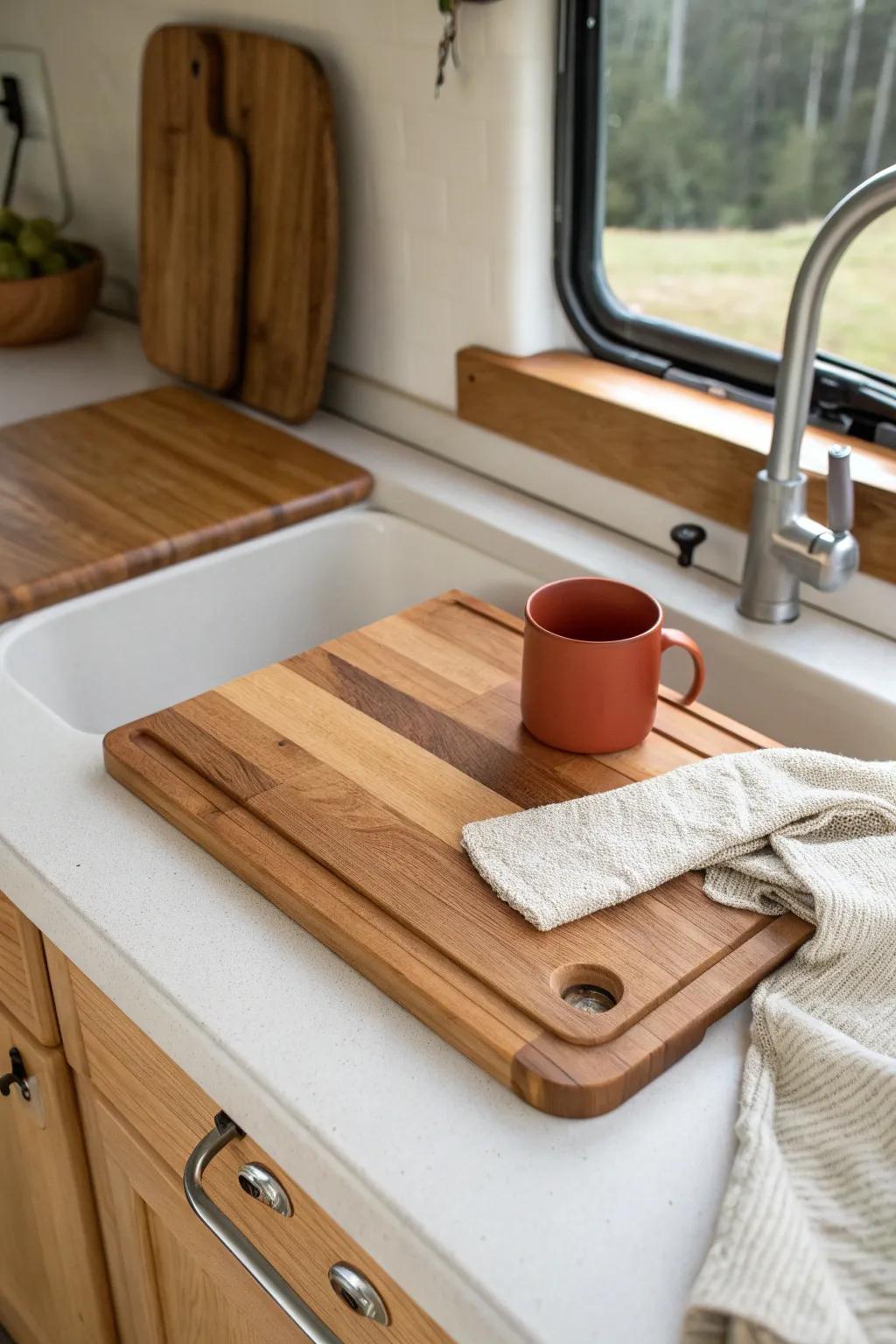 A sink-cover cutting board instantly adds bonus counter space in the smallest camper kitchens.