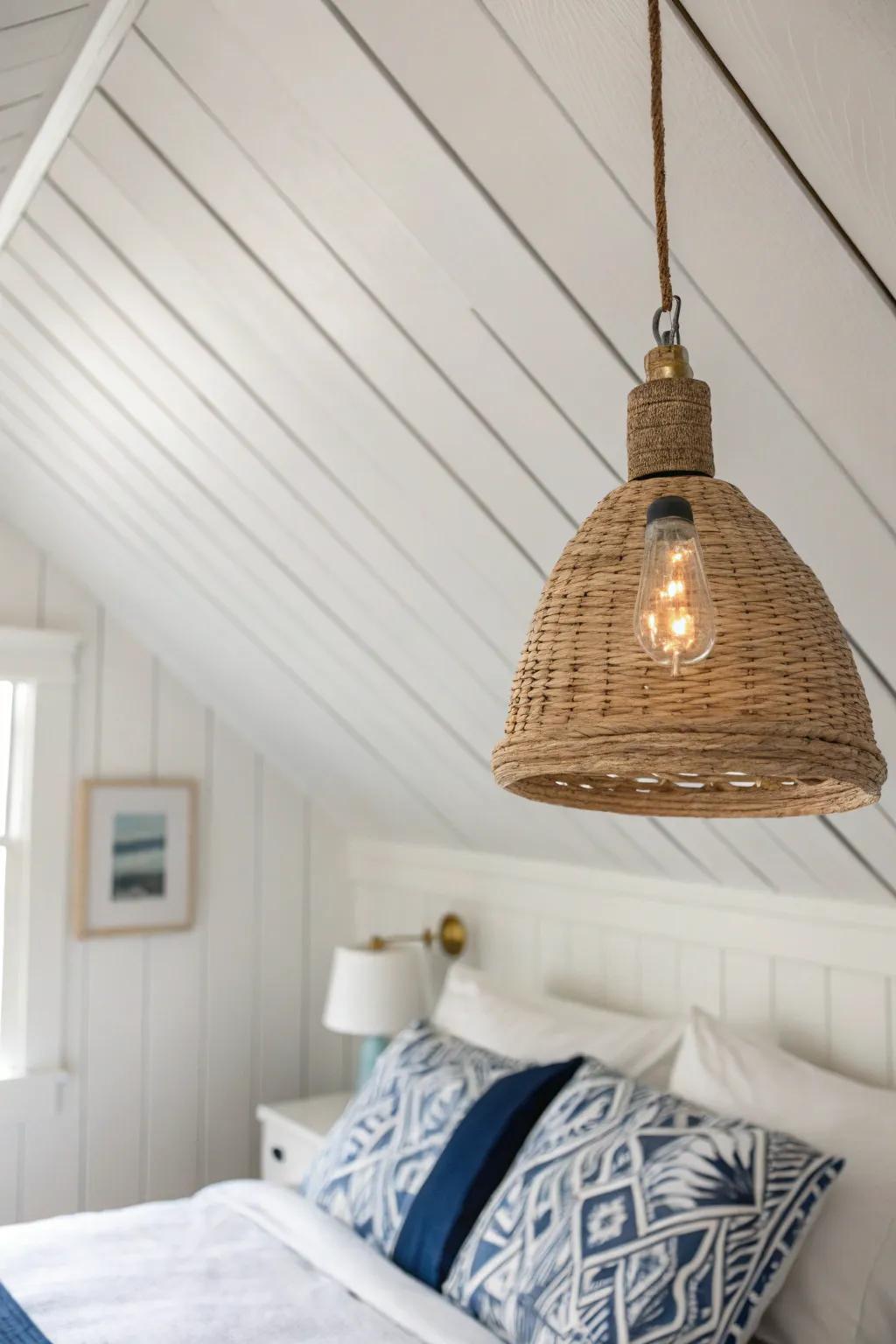 White paneled slopes + a woven pendant brighten a tiny Cape Cod upstairs bedroom instantly.