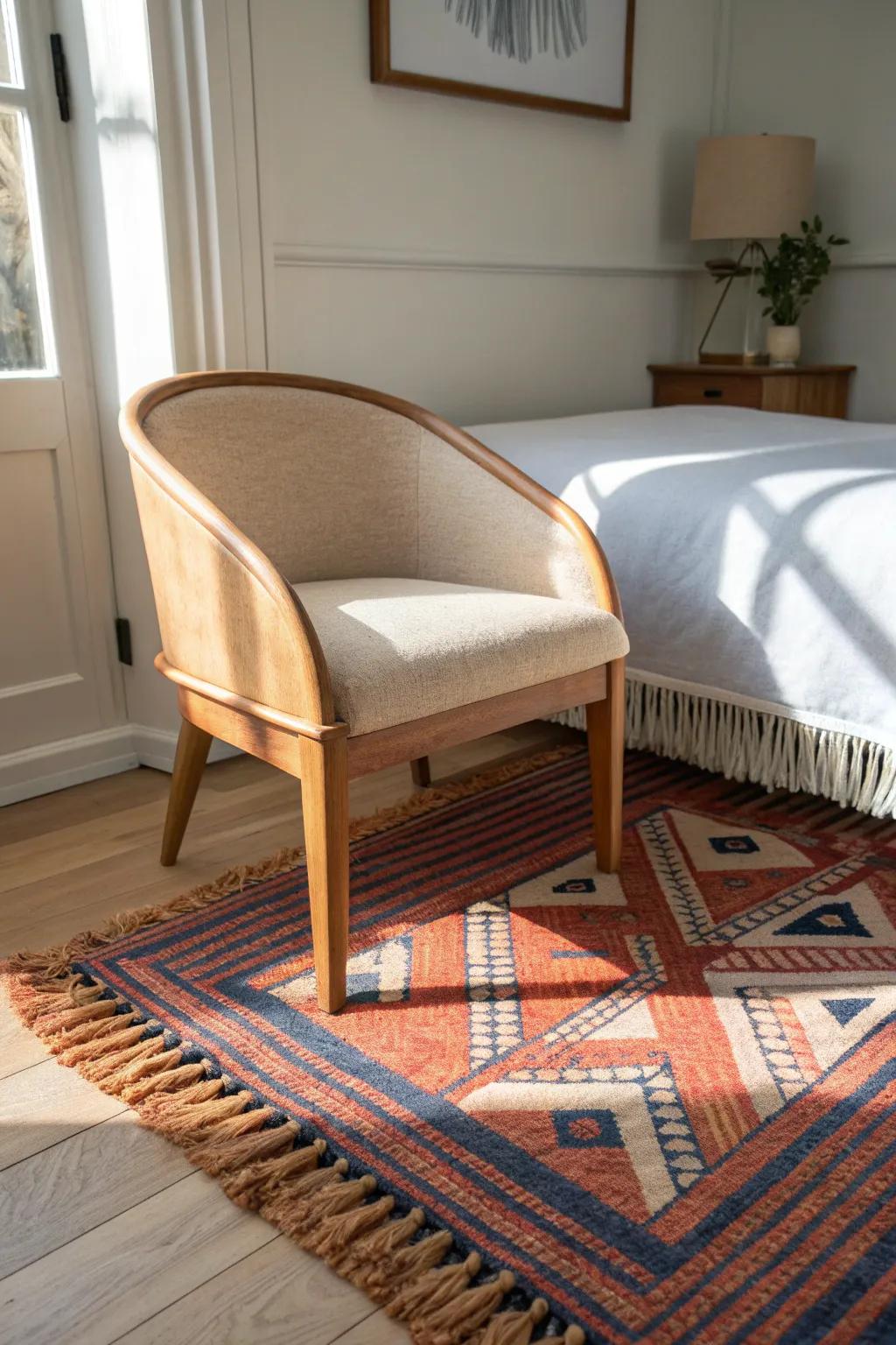 A mini rug frames a cozy bedroom chair nook—instantly curated, not awkwardly floating.