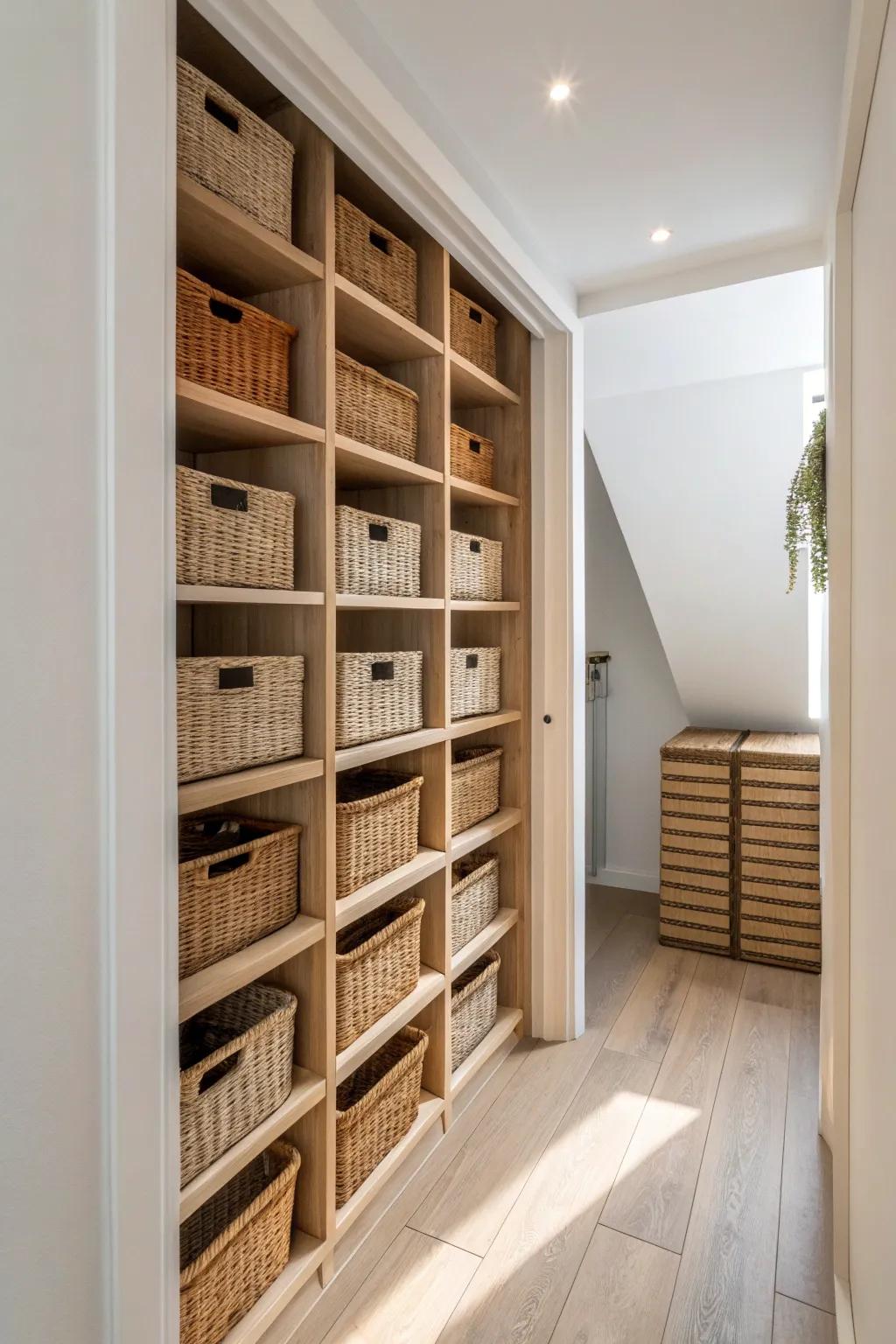 Floor-to-ceiling shelving tower with matching bins—vertical storage that looks boutique-neat.