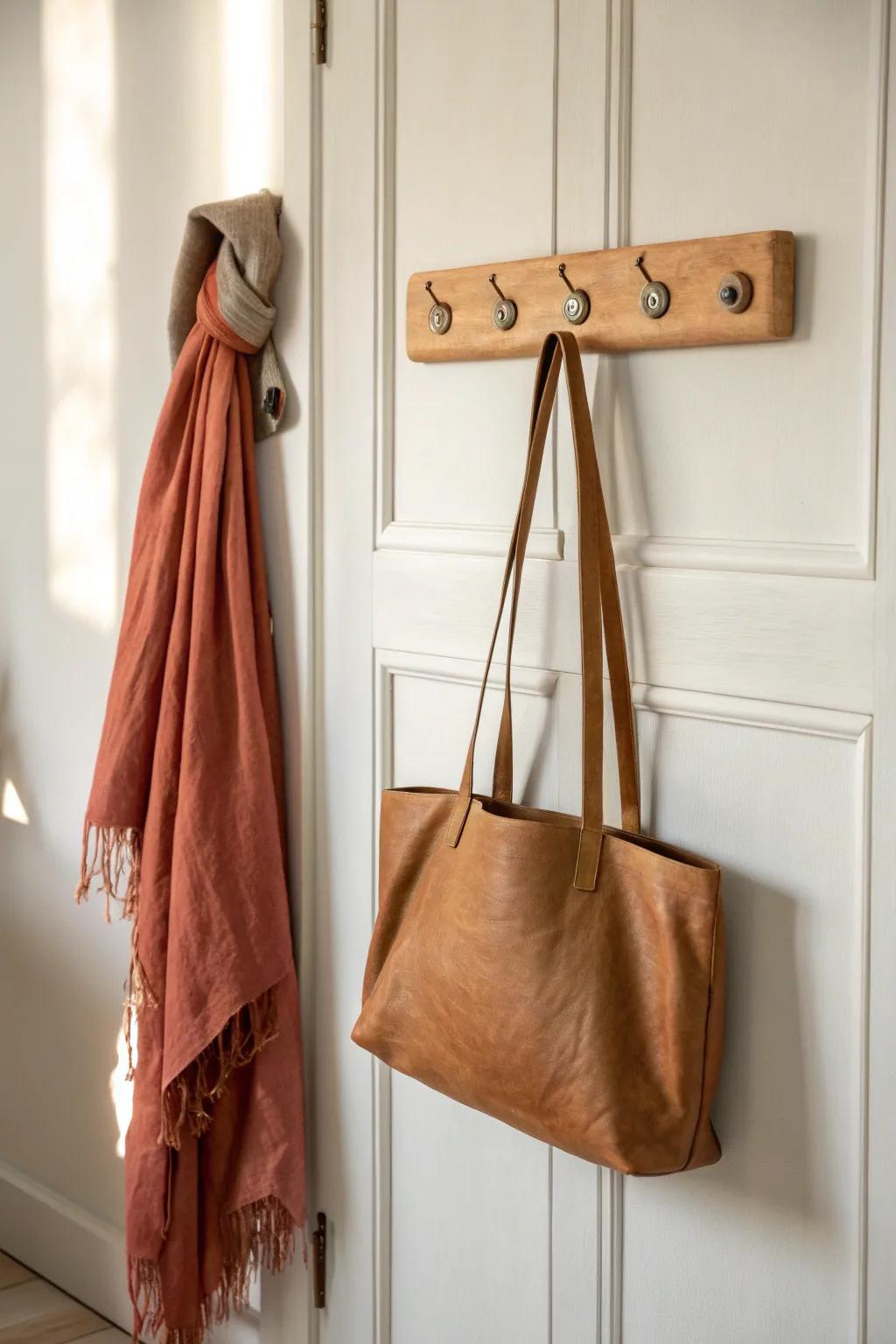 A simple wall hook keeps bags and scarves off shelves—instantly calmer, more open closets.