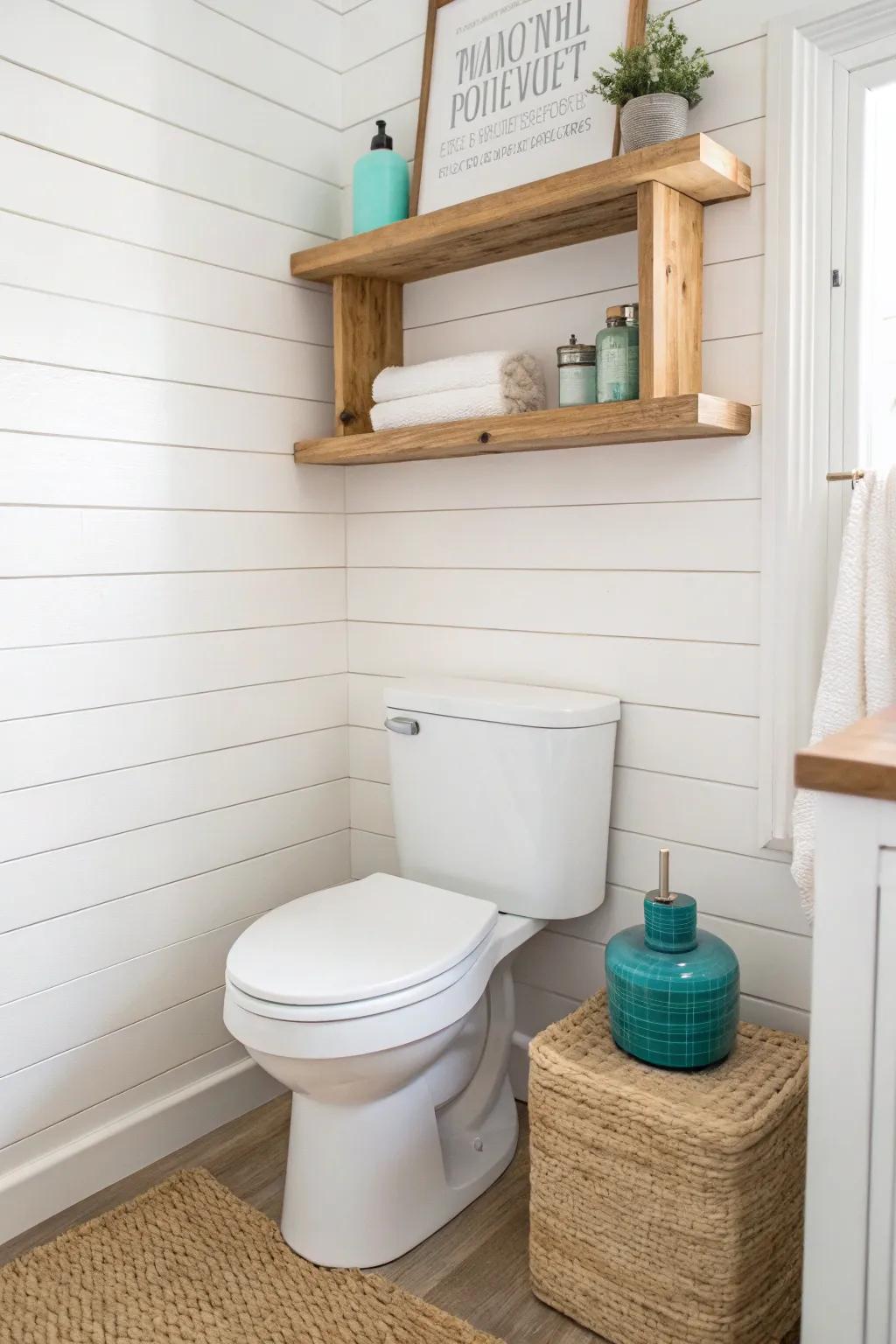 A floating oak shelf above the toilet adds vertical storage with breezy coastal style.