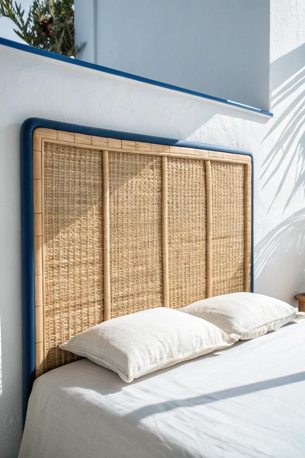 A light, low-visual woven headboard instantly makes a small coastal bedroom feel airy.