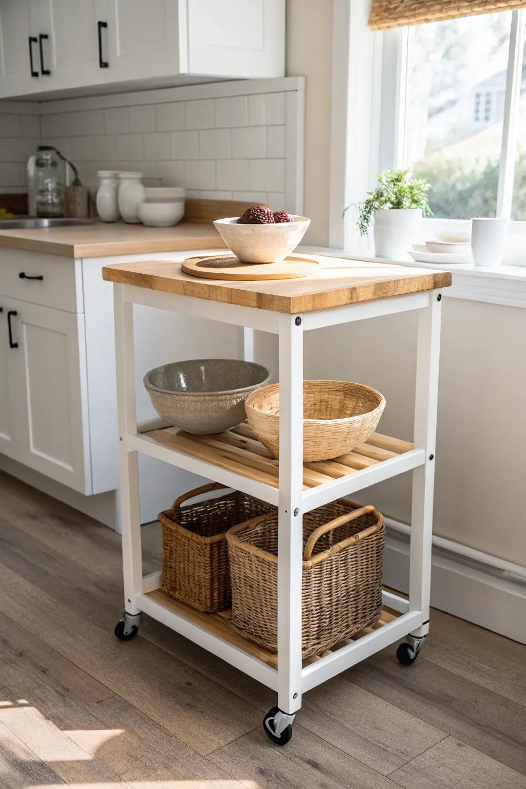 A compact rolling island adds prep space fast—and tucks away neatly when guests arrive.