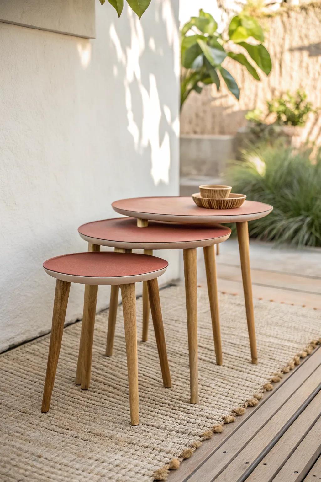 Space-saving nesting side tables: spread out for snacks, then stack to keep your patio airy.