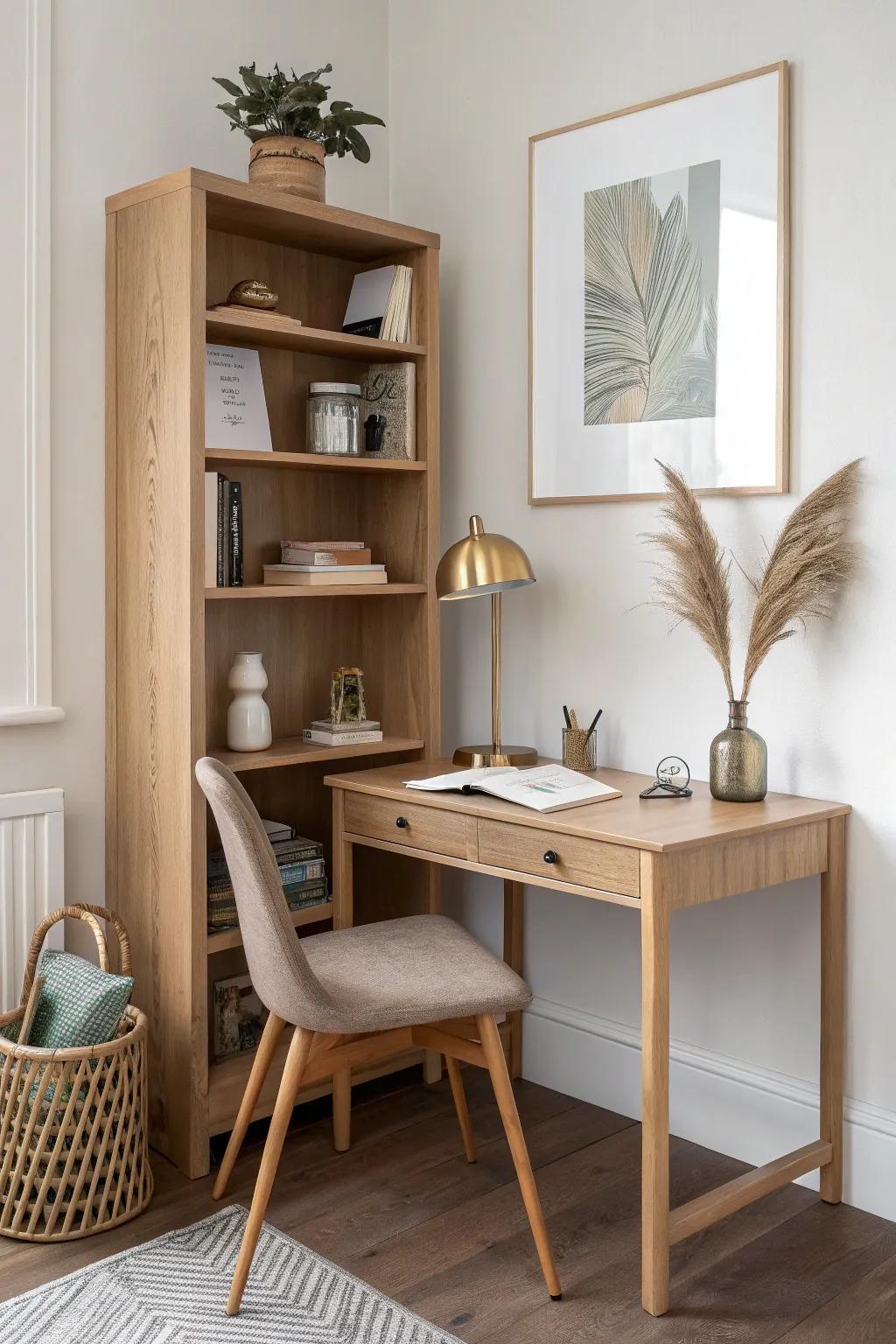A corner desk with built-in shelving keeps the top clear while doubling vertical storage.