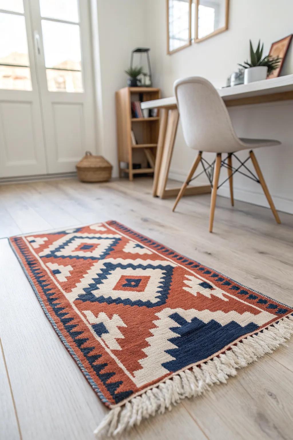 A bold mini rug defines your corner office nook—instantly separates work from living space.