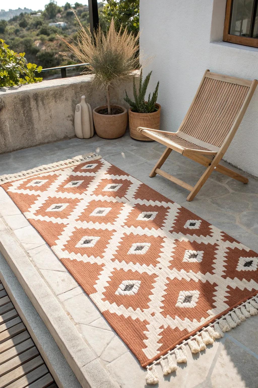 A weather-friendly outdoor rug instantly anchors a small corner patio like a cozy outdoor room.