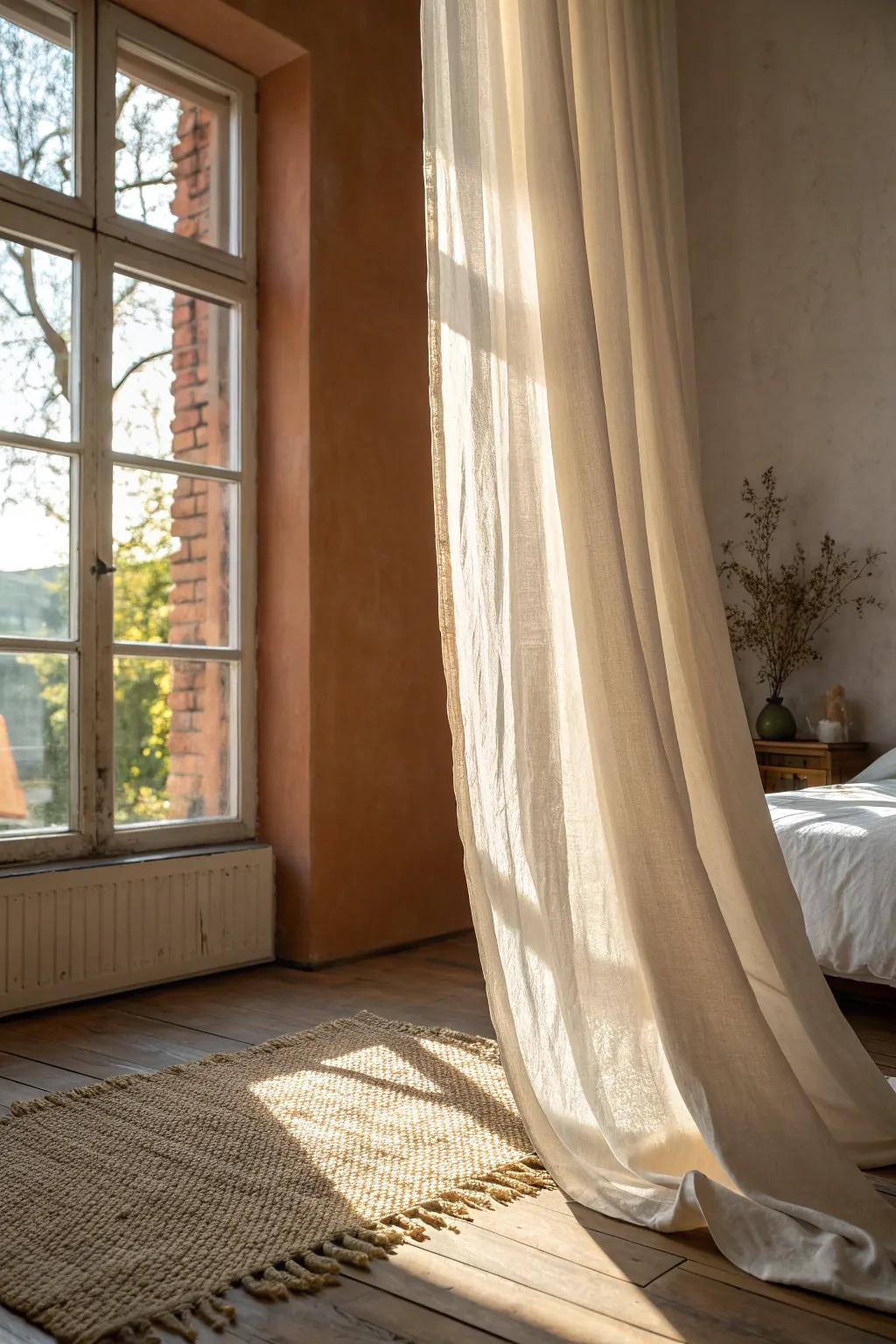 Sheer linen curtains soften sunlight, making even the smallest bedroom feel calm and cozy.