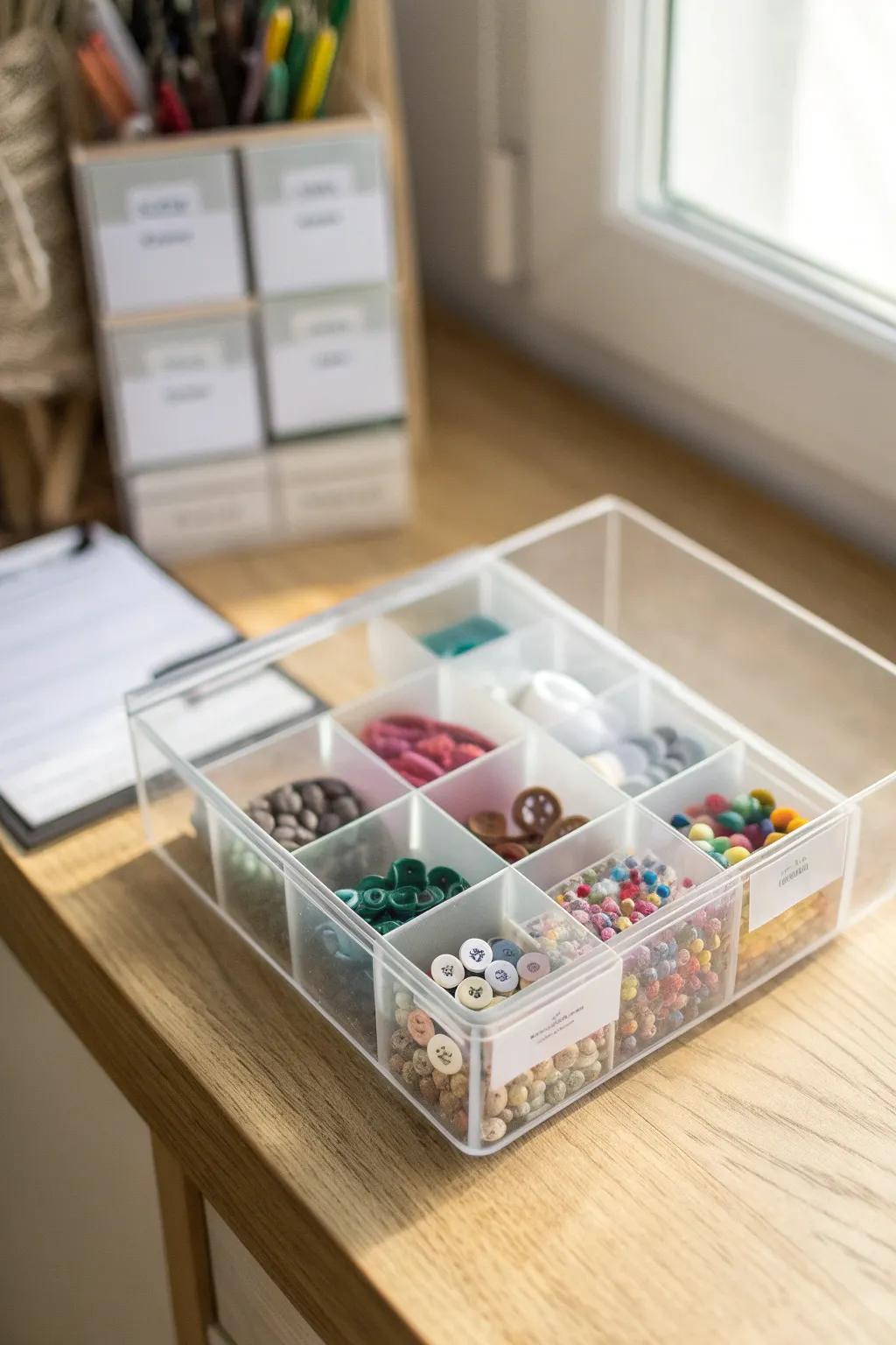 Clear, labeled containers keep tiny craft supplies visible, sorted, and impossible to rebuy.
