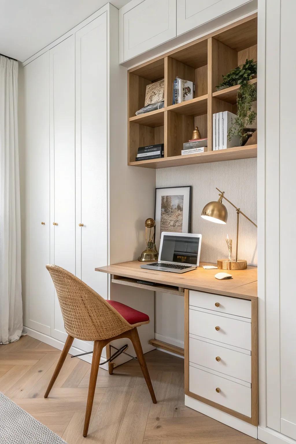 A minimalist closet desk “cloffice” that closes up fast—light oak, white doors, bold terracotta pop.