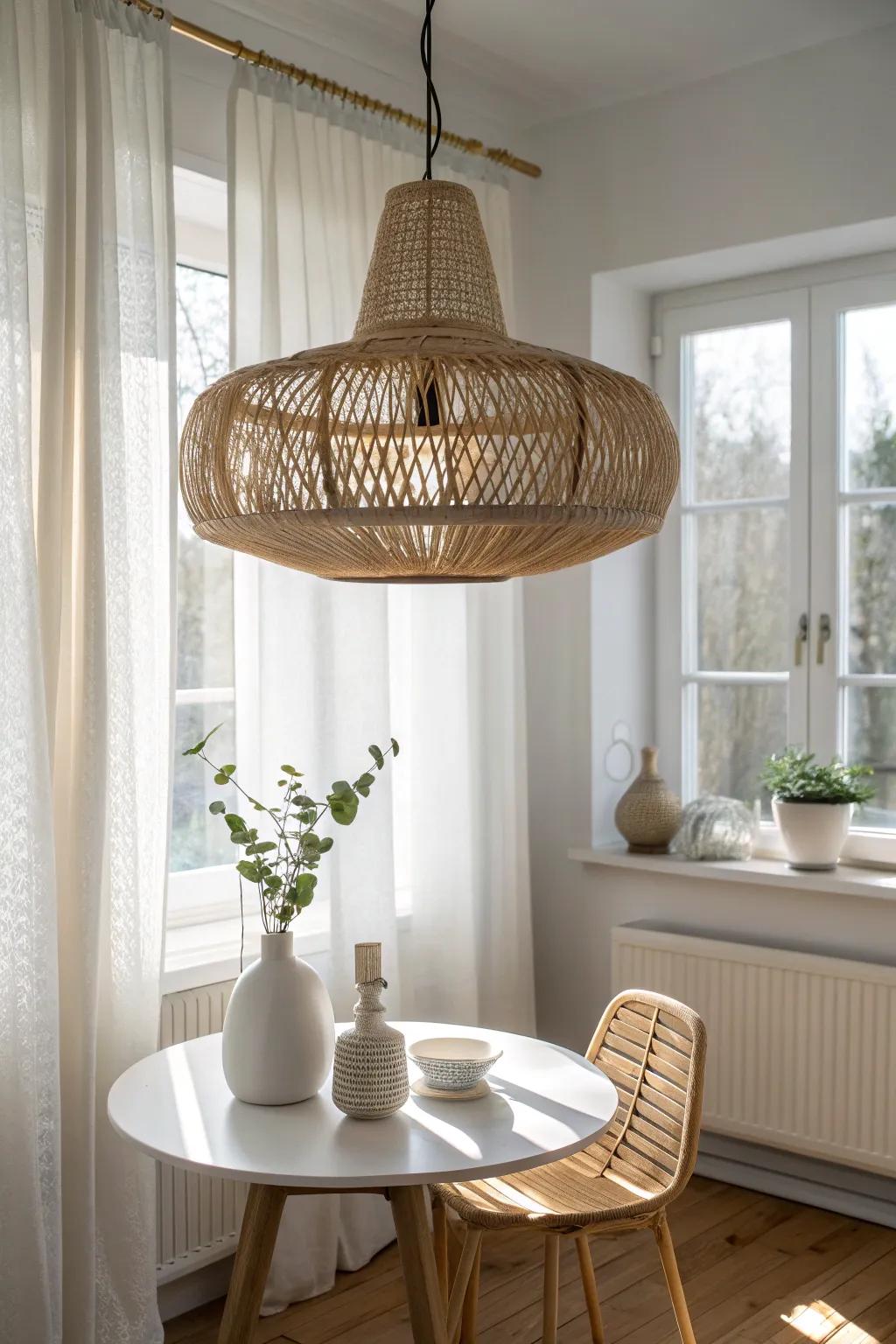 Anchor a tiny dining nook with a bold pendant centered over the window-side table.