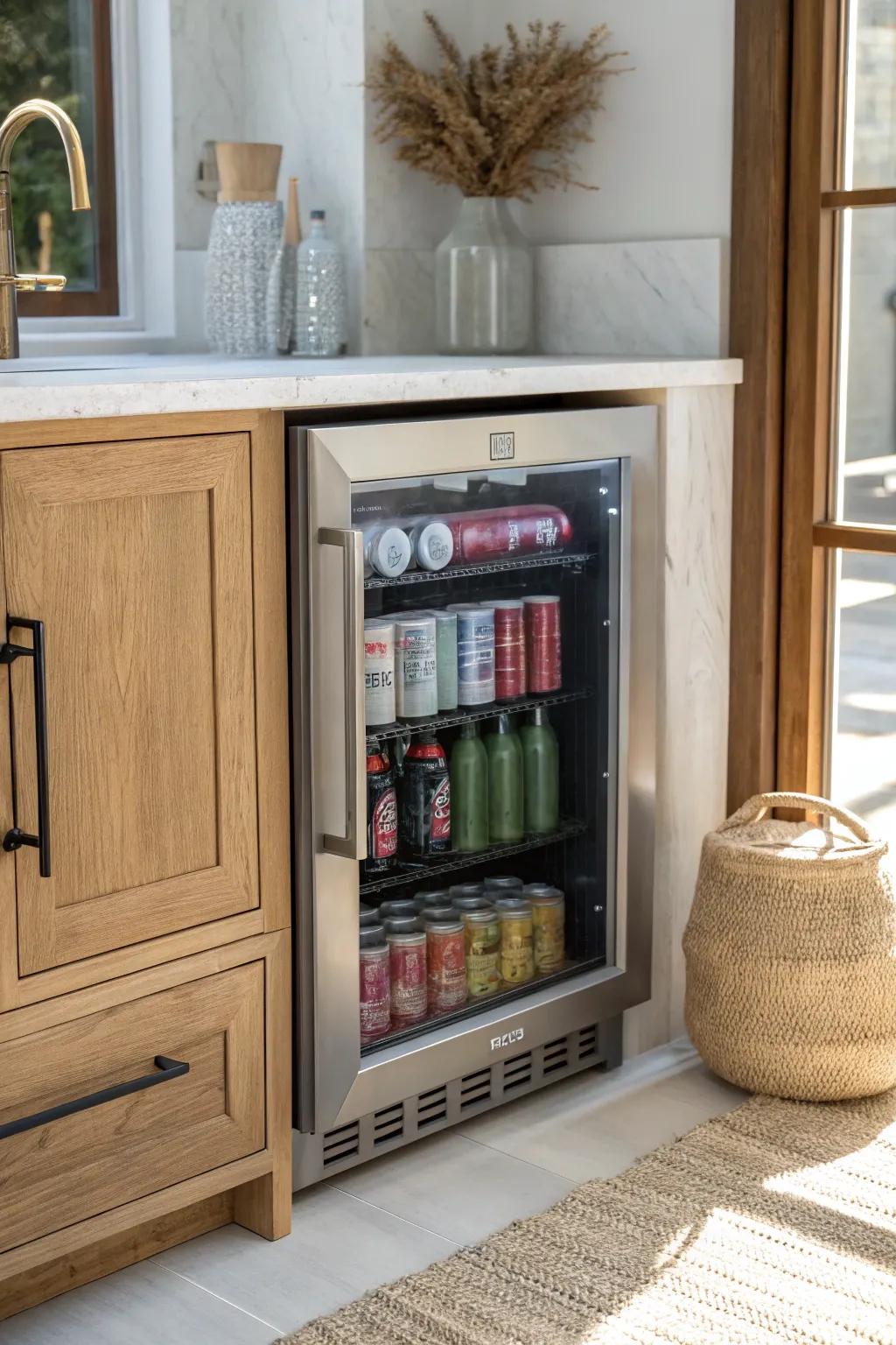 A sleek under-counter beverage fridge—tiny dry bar upgrade that ends the ice scramble.