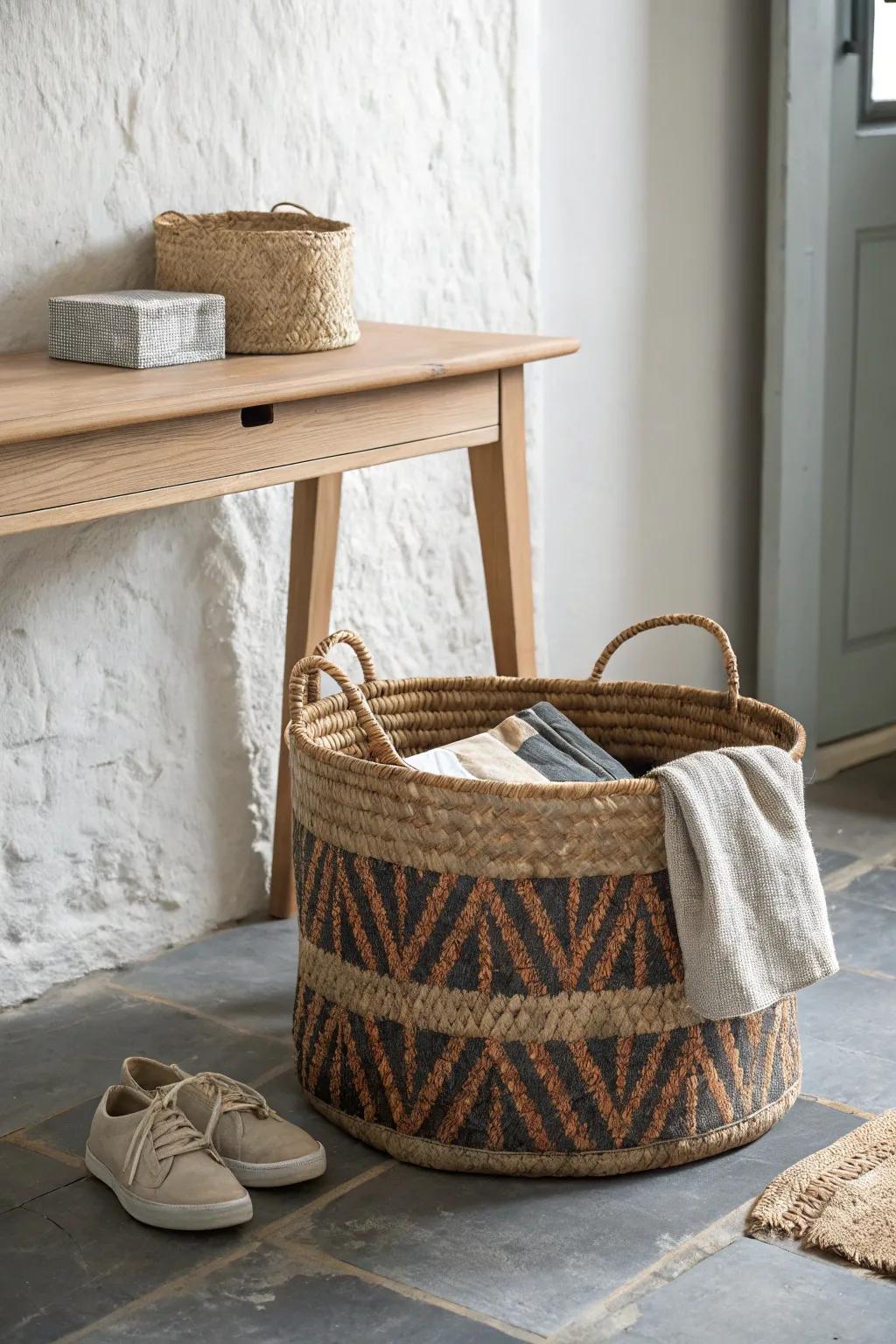 Tuck woven baskets under your entry table for hidden storage that still looks styled.