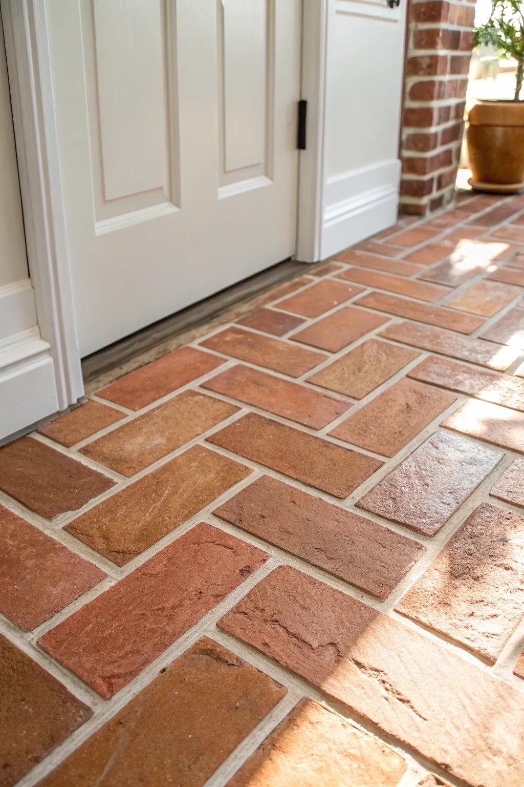 Classic brick-look tile in a staggered pattern—warm, charming, and perfect for tiny foyers.