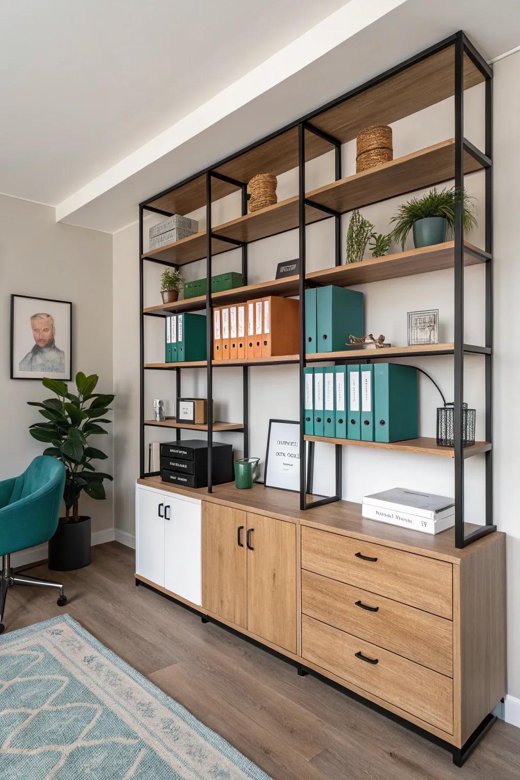 Floor-to-ceiling shelving gives a small executive office that elevated, library-like authority.