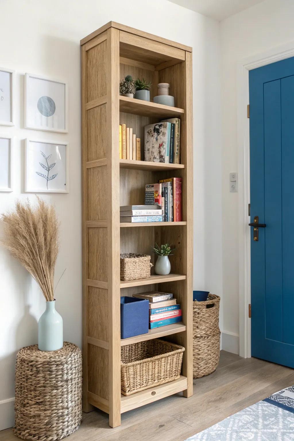 Tall vertical shelves keep games, books & baskets off the floor—calm, cozy storage in small rooms.