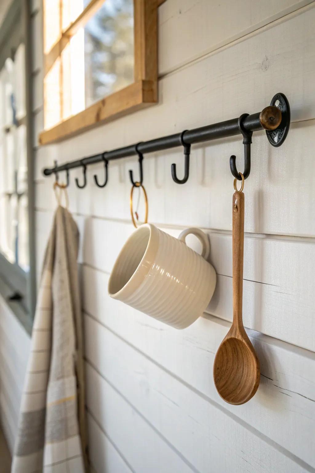 A simple rail with hooks adds farmhouse charm while freeing drawer space on a budget.