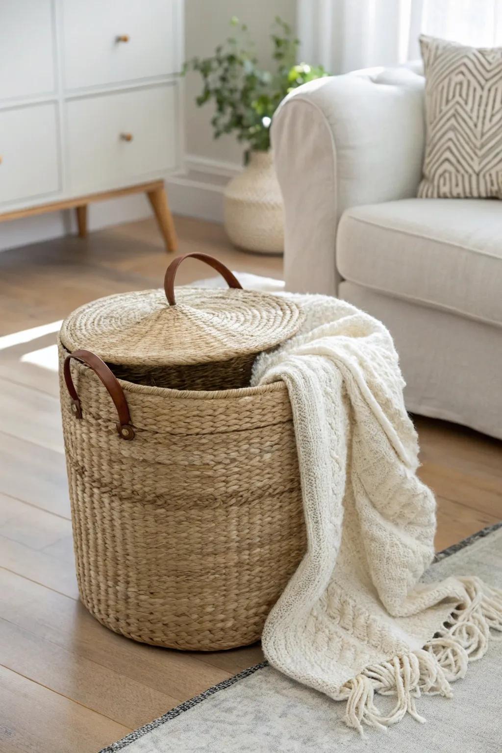 Woven baskets keep a small farmhouse living room tidy—stylish hidden storage in one swoop.