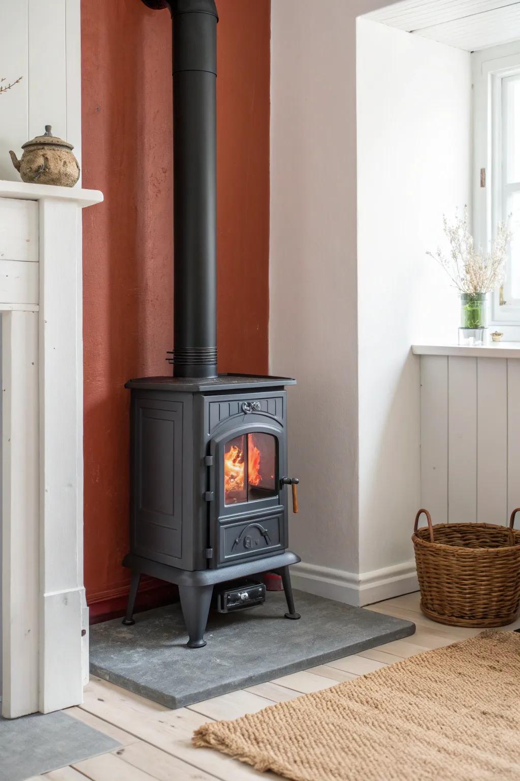 A compact freestanding stove adds cozy fireplace charm without crowding a small room.