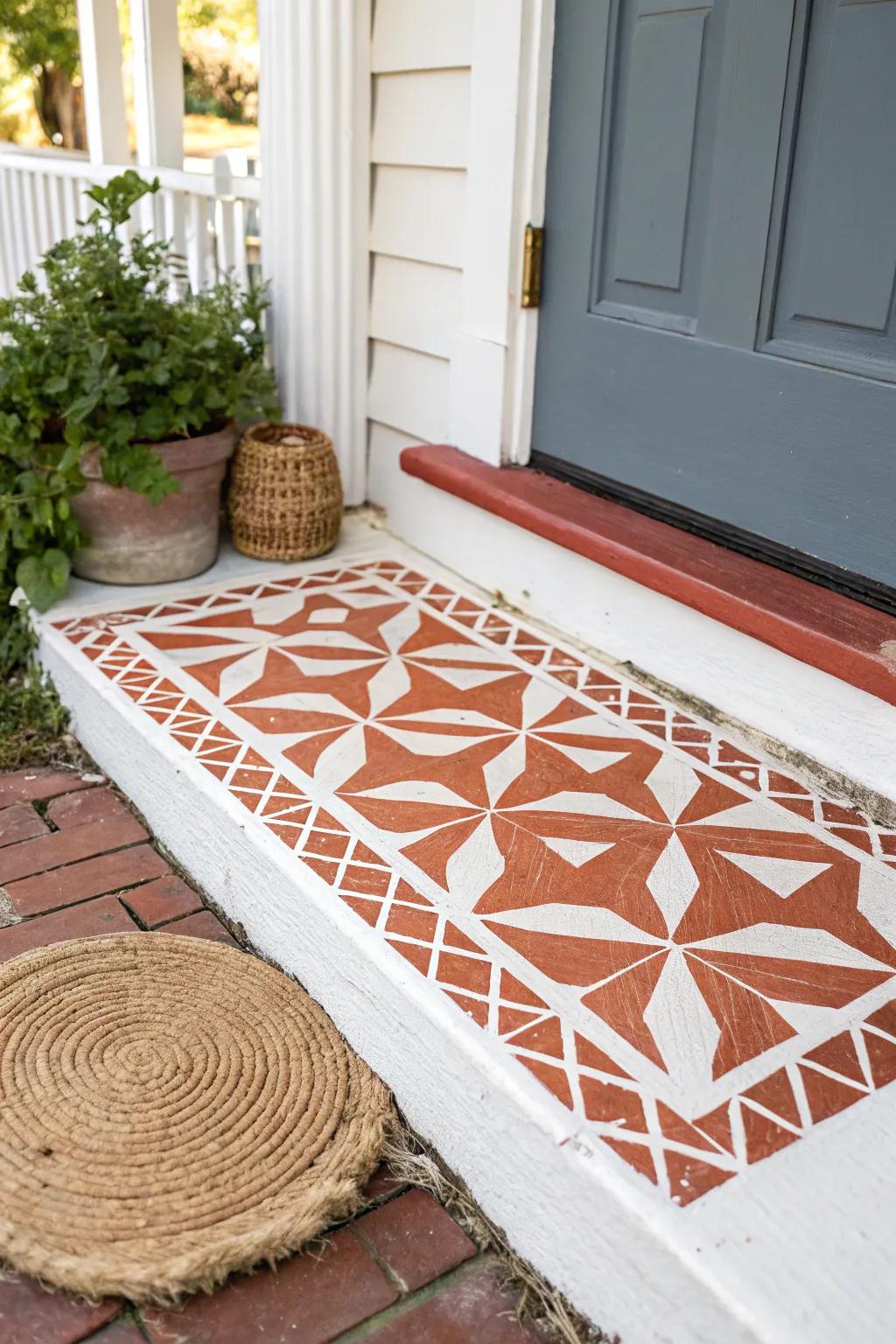 Budget porch refresh: bold stencil paint + a woven doormat for instant charm.