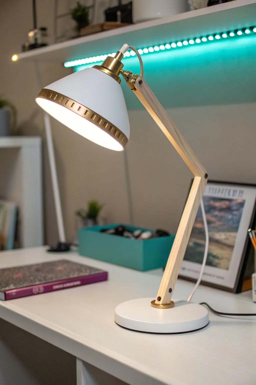 One task lamp + soft LED glow turns a tiny gaming nook into a cinematic retreat.