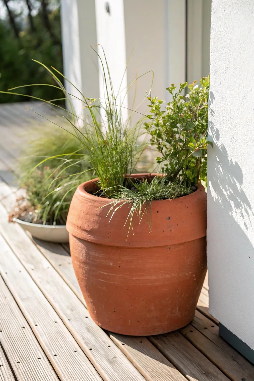 Planter borders add a lush, room-like feel—softening deck edges with greenery and craft.
