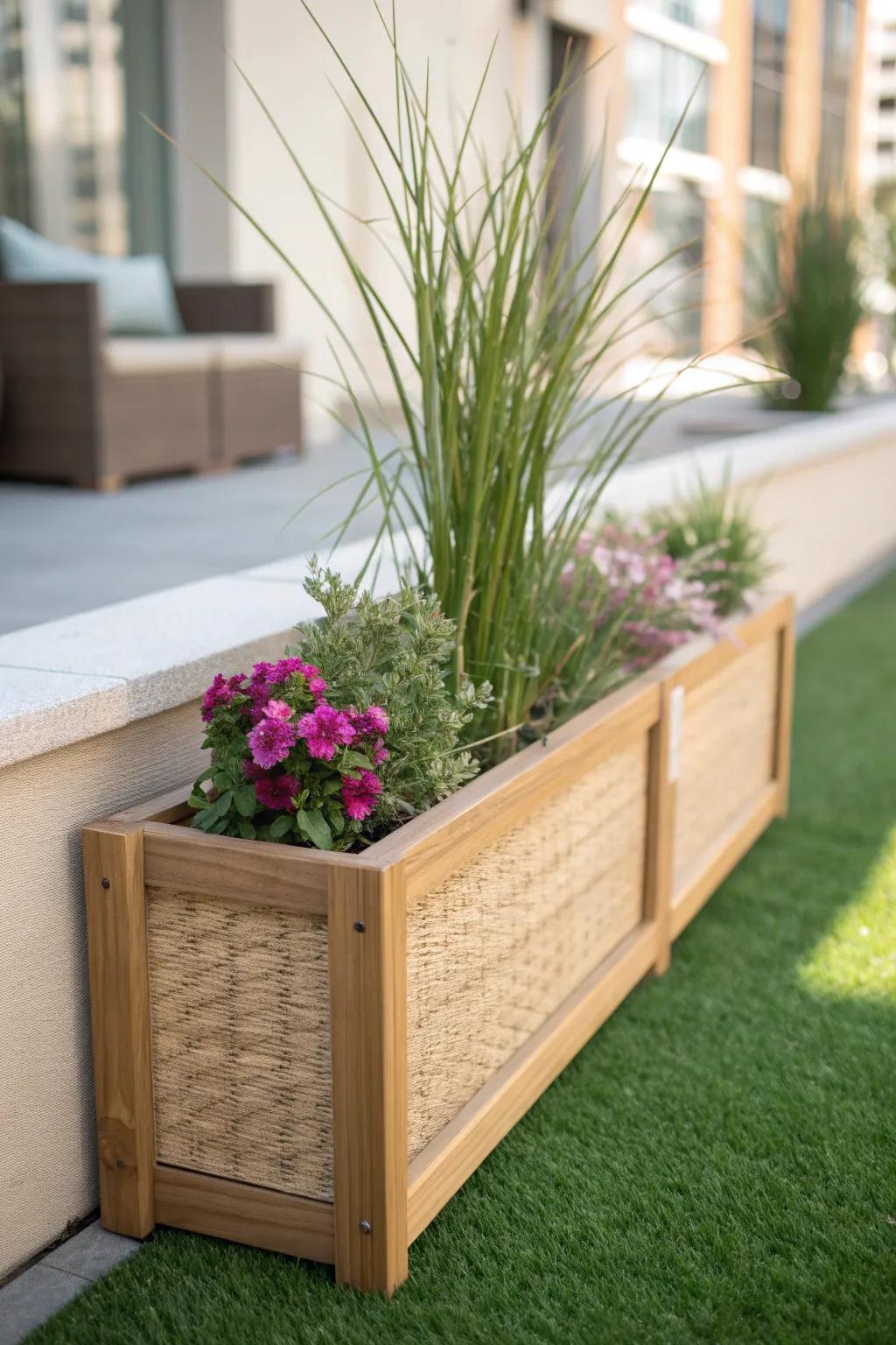 Slim raised planter on artificial turf: an easy, renter-friendly divider for small garden zones.
