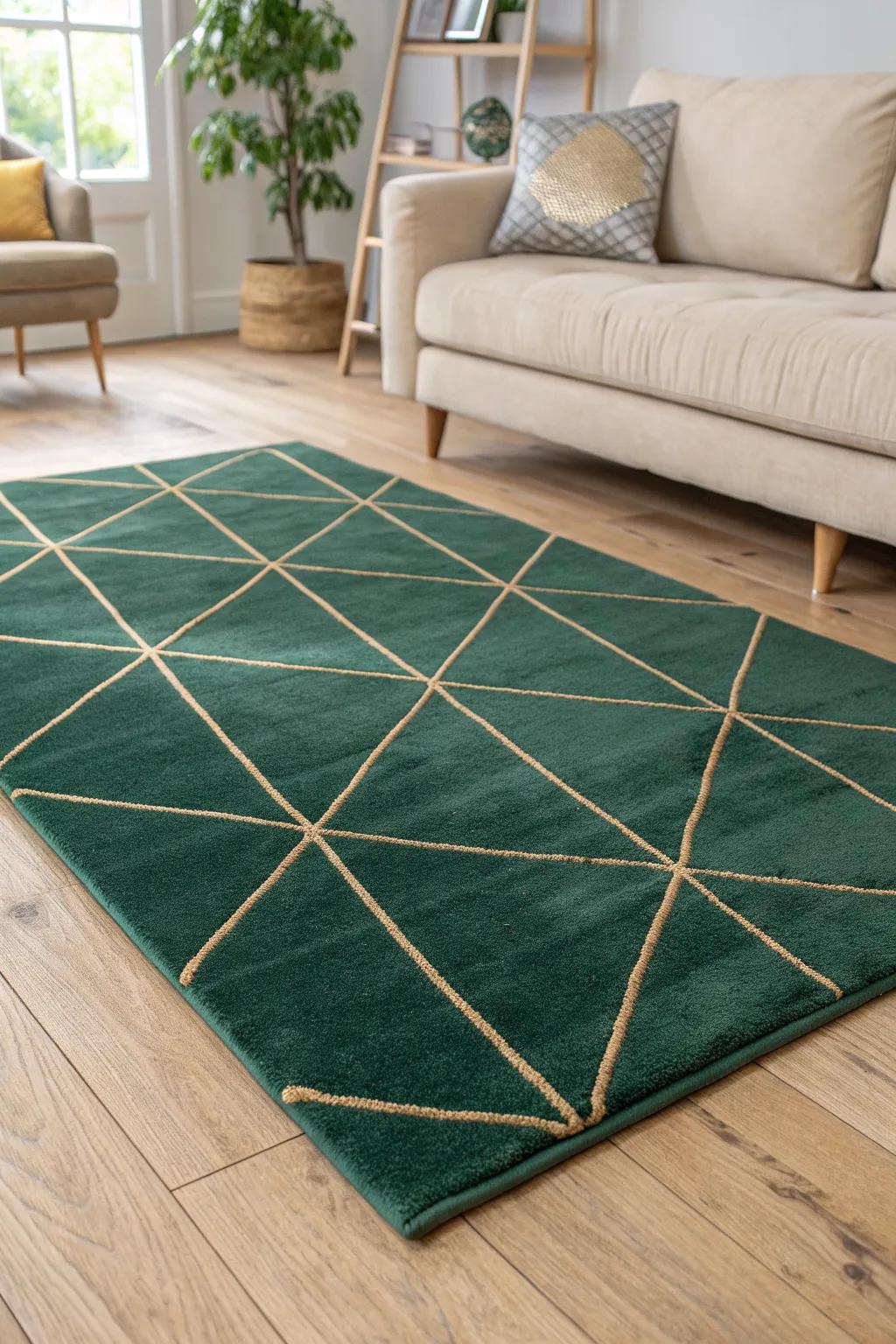 Float the sofa onto a plush statement rug—instantly makes a small glam living room feel luxe.