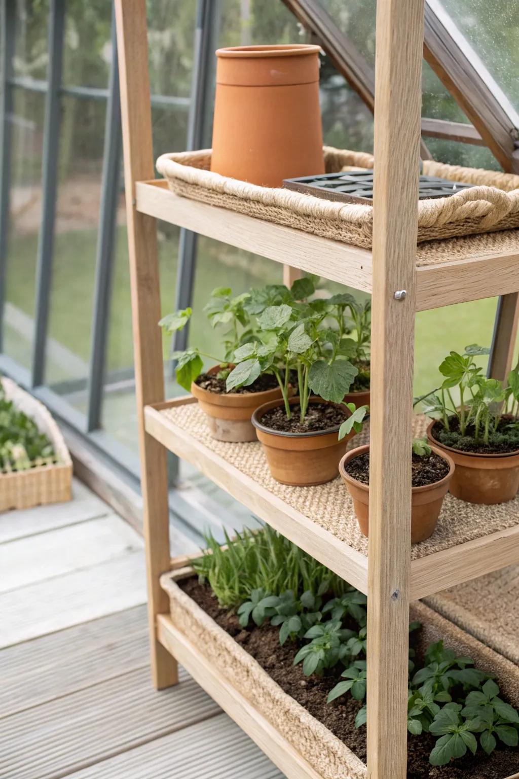 Plan shelves first: one tiered rack turns a tiny greenhouse into a vertical green oasis.