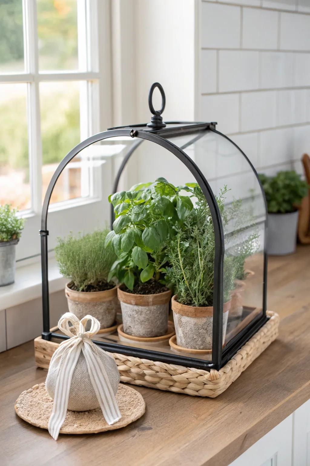 A chic tabletop greenhouse that keeps kitchen herbs thriving—even in the tiniest space.