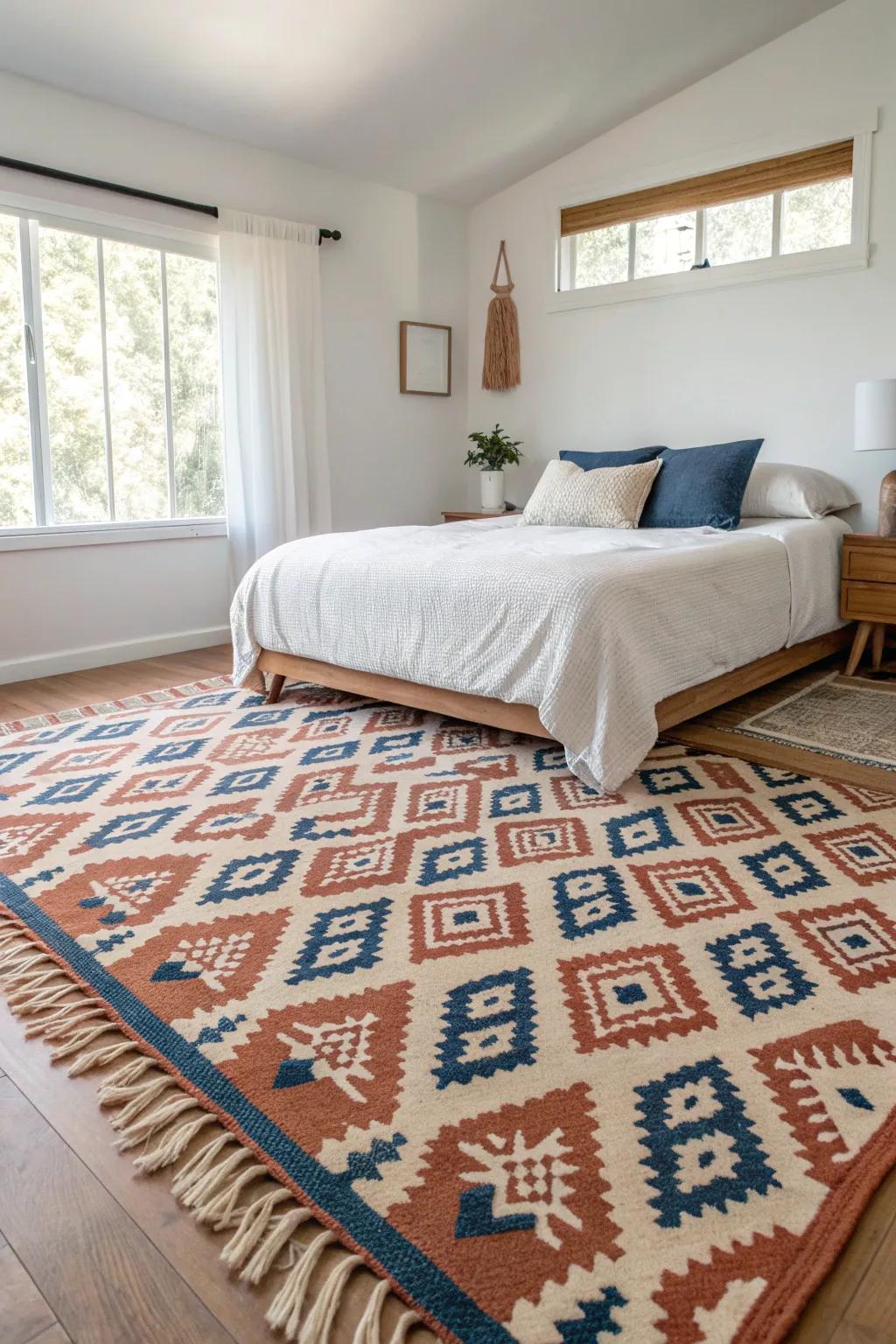 Oversize the rug to anchor a small guest room—instant polish, even on a budget.