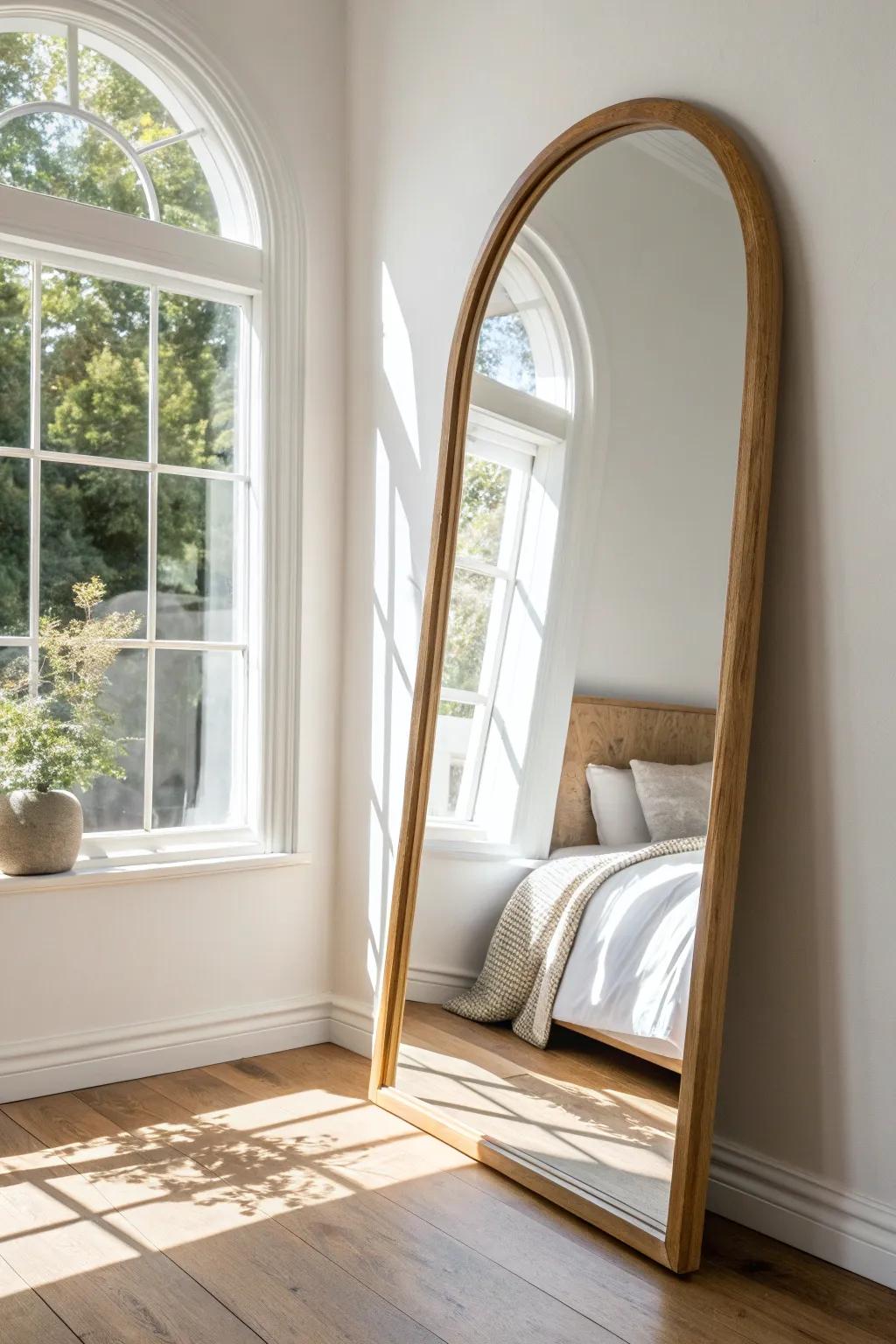 A large mirror catches window light to double brightness and make a tiny guest room feel bigger.