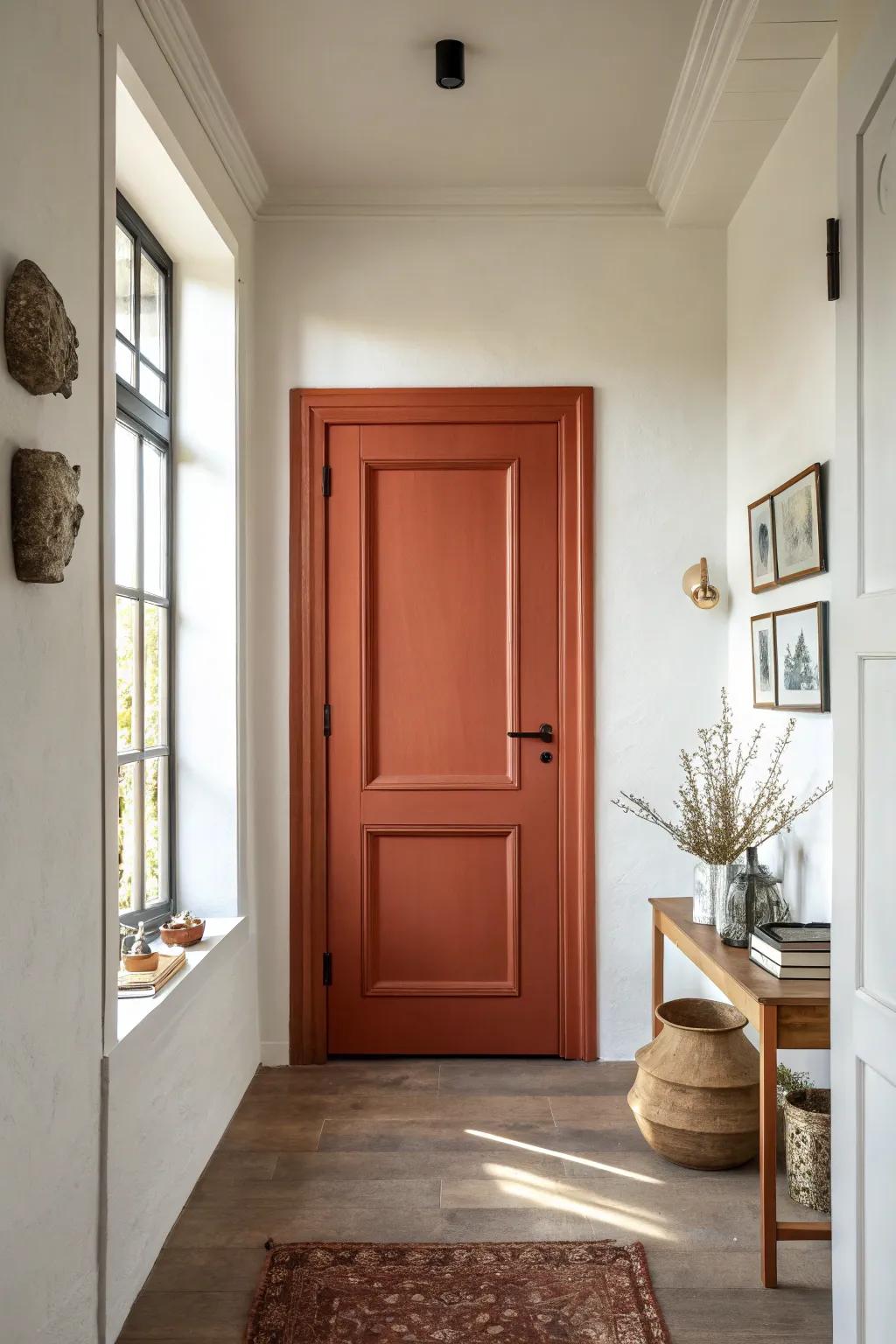 Bold contrast door and trim instantly add depth and intention to a small hallway.