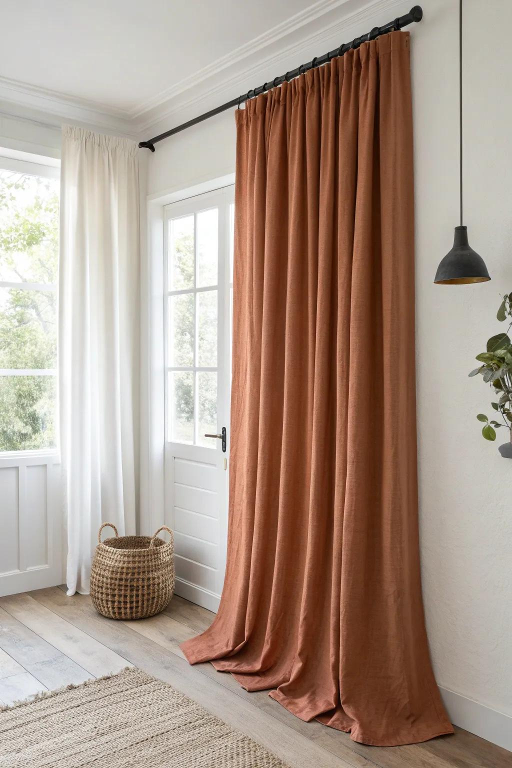 Hang curtains high and wide—instantly fakes taller ceilings with cozy, sculptural style.