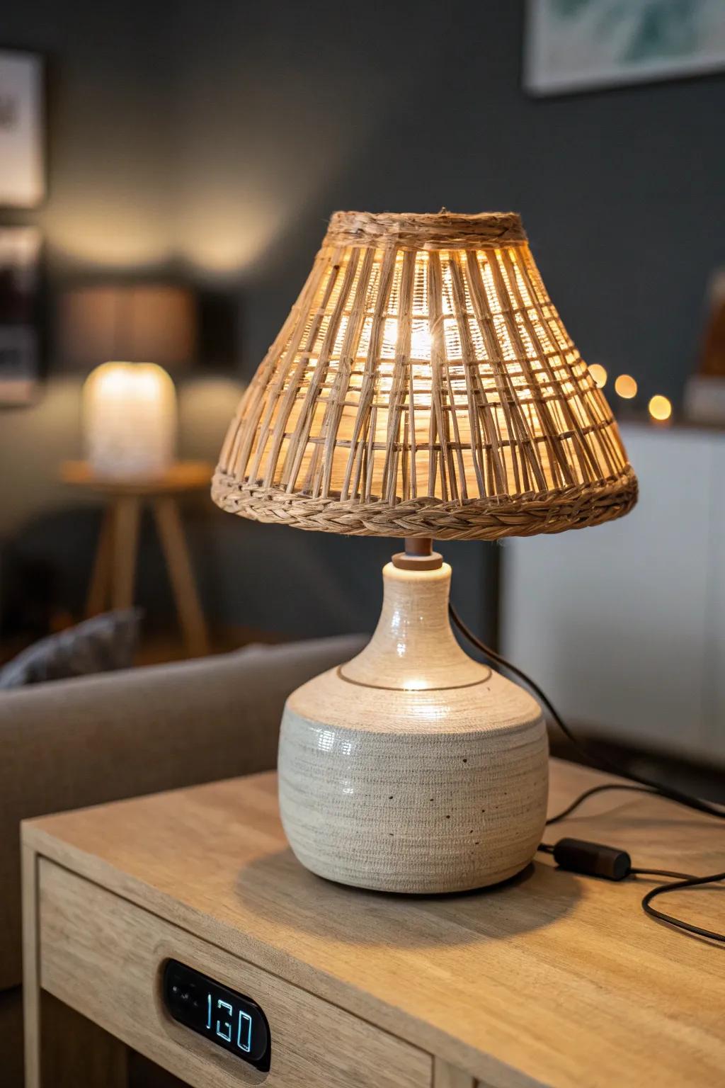 Dimmable amber lamp against dark walls creates instant cozy cinema mood in a small theater room.