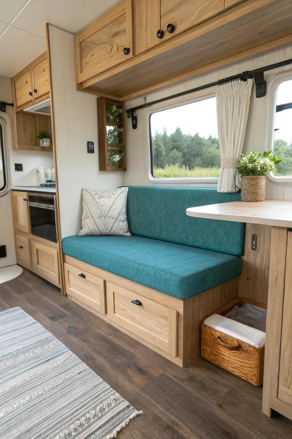 Deep-drawer dinette bench: the hidden dresser that keeps tiny trailer living clutter-free.