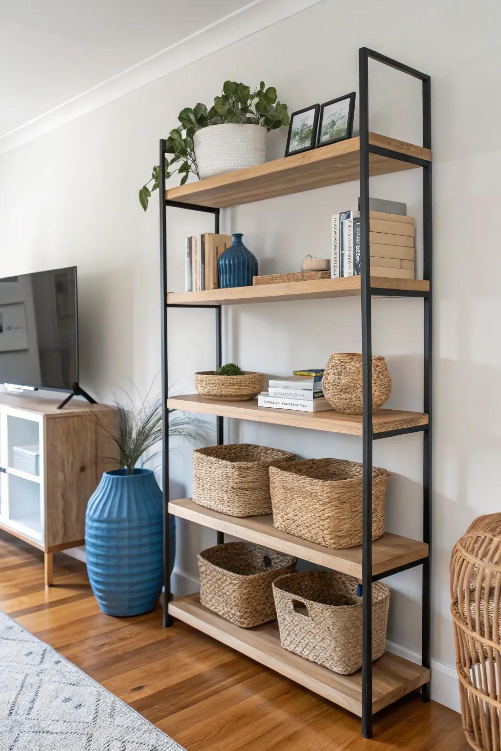 Turn storage into decor with a full wall of open shelves and chic woven baskets.