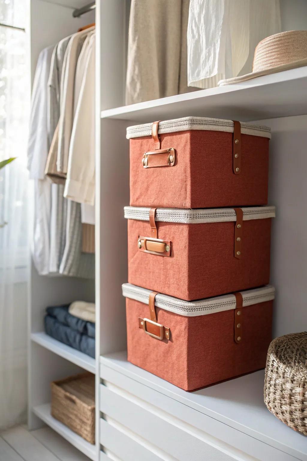 Turn your closet’s top shelf into a mini attic—matching bins keep it tidy and styled.