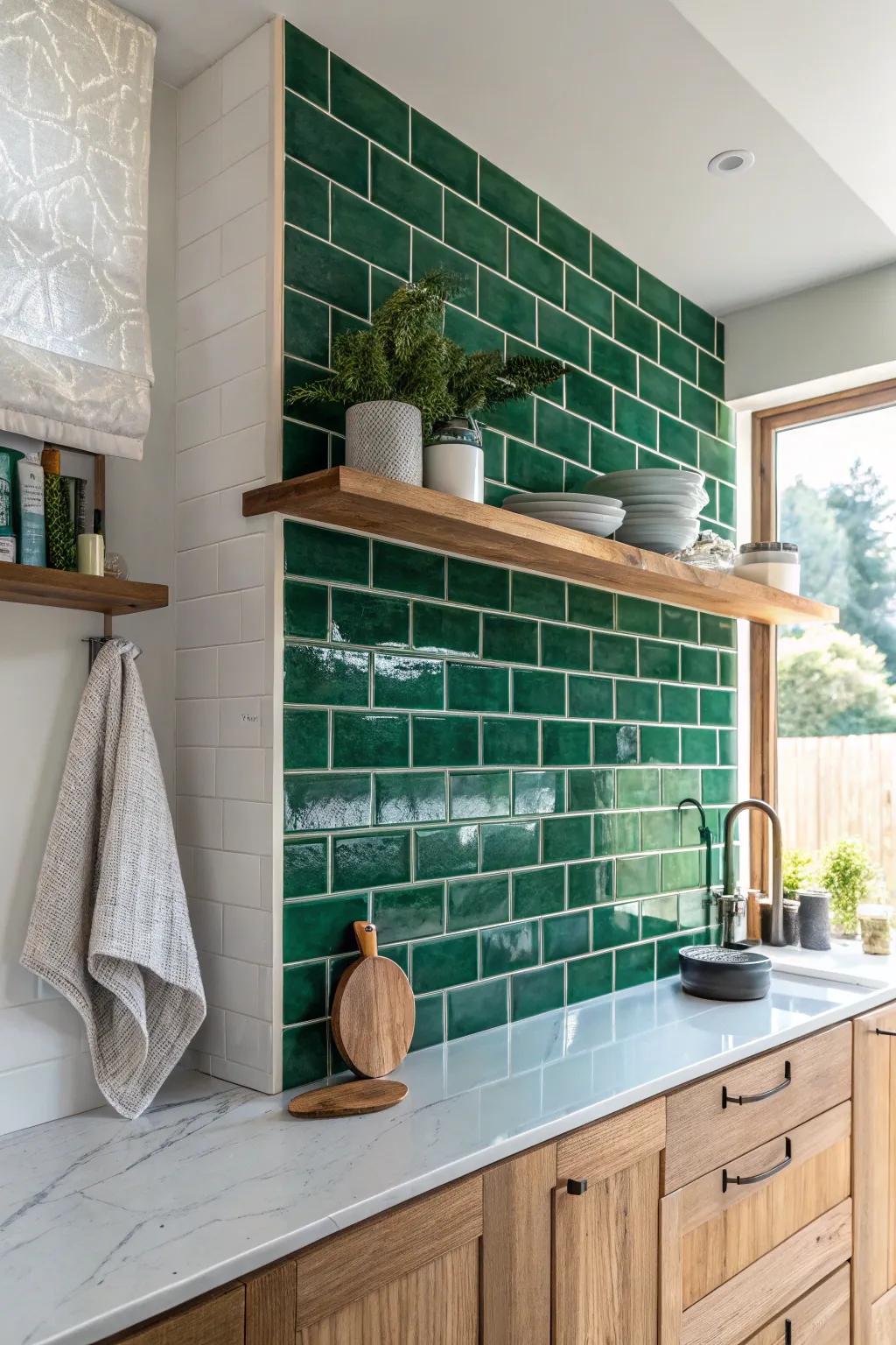 Full-height emerald tile to the ceiling—an instant small-kitchen lift with boutique polish.