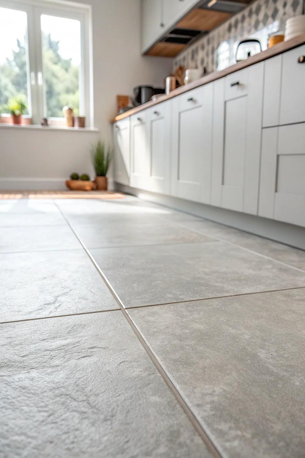 Concrete‑look tile: a quiet, clean floor that makes small kitchens feel instantly edited.