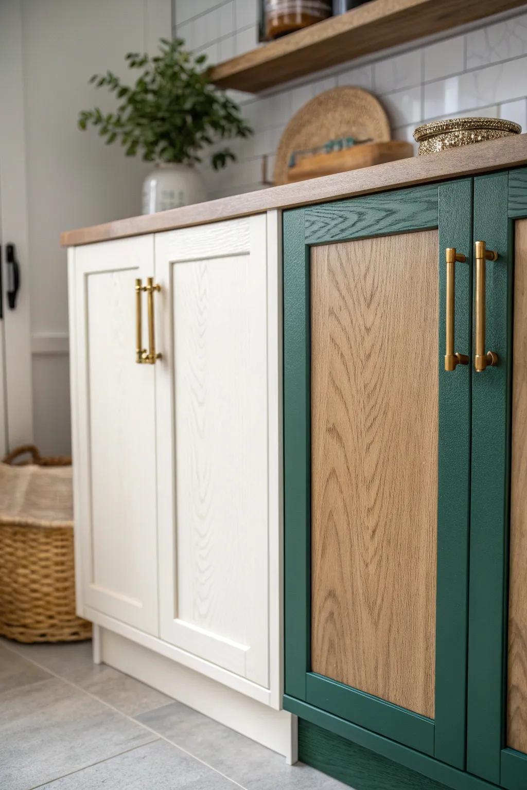 Two-tone cabinets: airy light uppers + bold deep lowers to make a small kitchen feel taller.