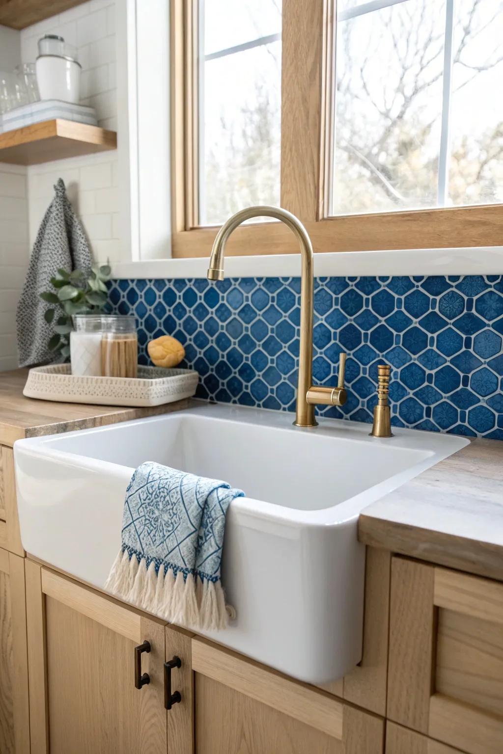 A peninsula sink keeps prep space free—style it with a neat soap tray in an open layout.