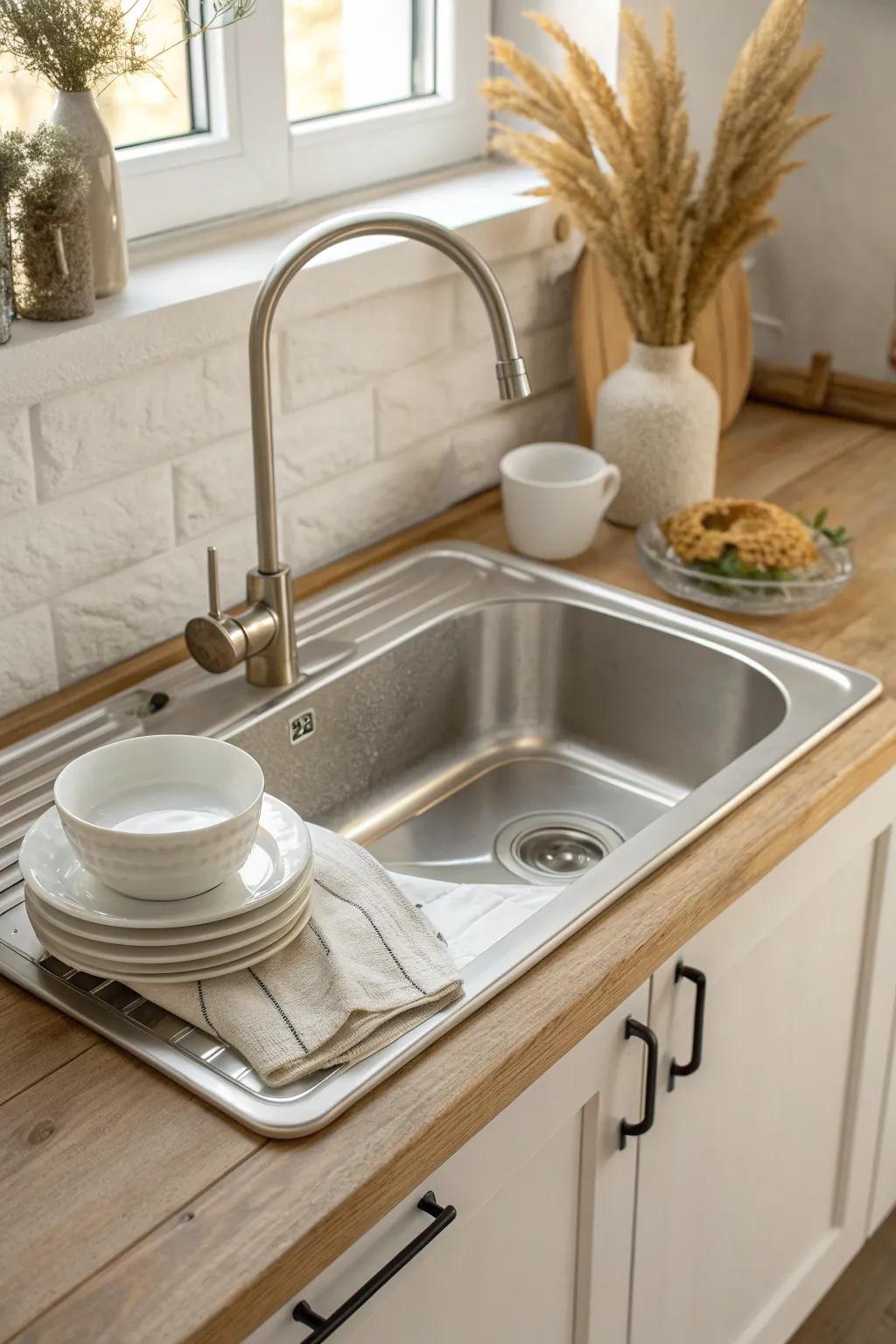 Integrated drainboard sink: two zones in one small-space footprint, keeping counters clear.
