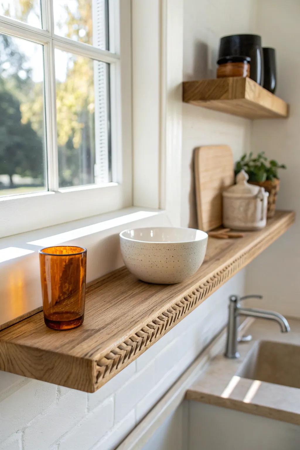 Swap bulky uppers for an airy open shelf beside the sink window—light, simple, styled.